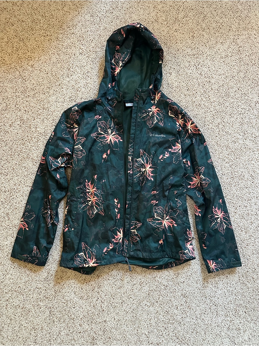 Women’s Columbia Dark Green Floral Hooded Rain Jacket